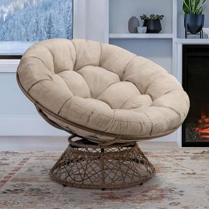 Bme Metal Oversized Swivel Papasan Chair, Living Room Chair with Beige Cushion, Brown Frame, 360 Swivel, Skillfully Woven Resin Wicker, 46 Inch Wide, Bee-Designed Base, Modern Style, Indoor Use