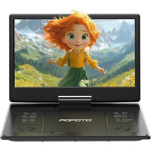 POFOTO 15.7" Portable DVD Player with 14.1" HD Swivel Screen, 6-Hour Rechargeable Battery, Dual Speakers, USB/SD/TV Sync, Supports Multiple Disc Formats, Black [Not Support Blu-Ray]