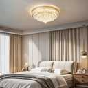 Modern Dimmable Led Crystal Chandelier: Flush Mount Crystals Ceiling Light with Remote - 24" Round Crystal Chandeliers Gold Ceiling Lighting Fixtures for Dining Room Bedroom Living Room Entryway