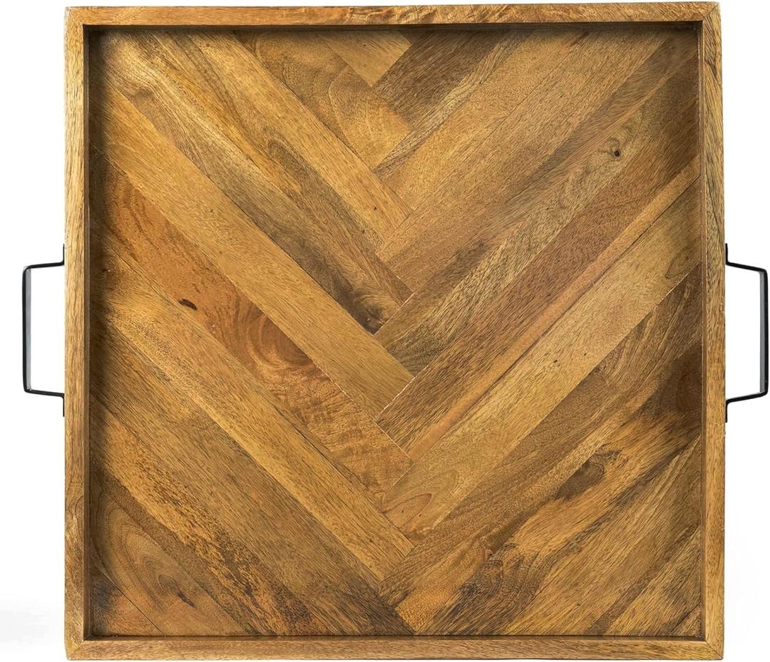 Large Ottoman Wood Tray - with Sturdy Metal Handles and Herringbone/Chevron Pattern 22 x 22 x 2 Inch Anti-Warp Square Serving Tray for Ottoman Coffee, Living Room, Kitchen (Large 22x22x2)