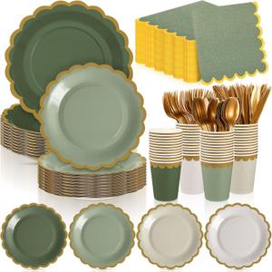 Mimorou 338 Pcs Sage Green Plates and Napkins Party Supplies for Guests Sage Green Tableware Include Scalloped Plates Paper Napkin Cup Spoon Fork Knife for Baby Shower, Wedding, Birthday