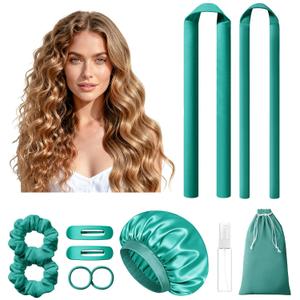 LitBear Heatless Curls Overnight, 2 Sizes of Soft Hair Rollers for Women with Bonnet to Sleep In, No Heat Hair Curlers Set with Scrunchies and Clips, for Long and Medium Hair (Green)