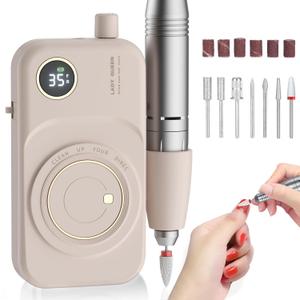 Portable Nail Drill Electric File: 35000RPM Professional Rechargeable Nail E File Machine,for Acrylic Nails Gel Polishing Removing, Cordless Efile with Bits Kit for Manicure Salon Home (Pink)