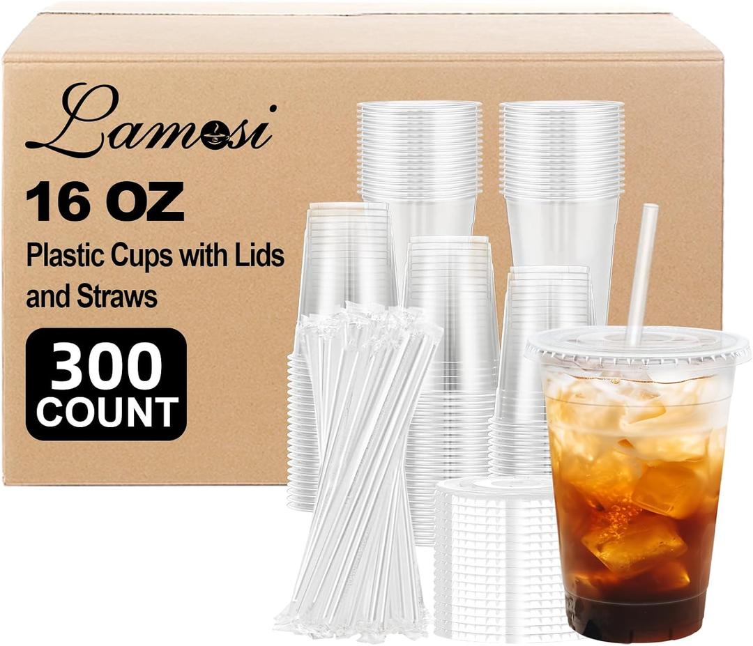 Lamosi 300 Pack 16 oz Plastic Coffee Cups with Lids, Disposable Clear Cups