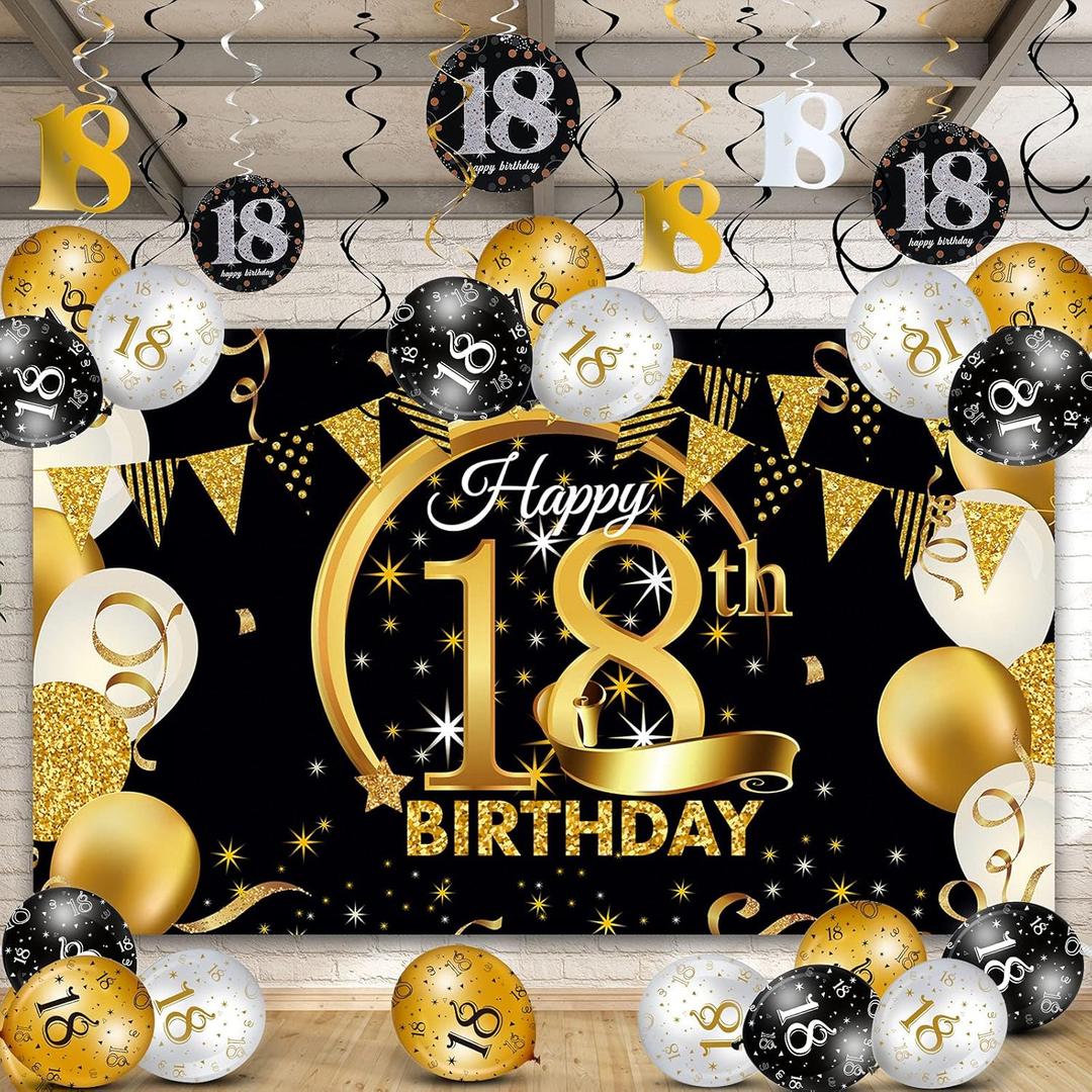 58 Pcs Happy 18th Birthday Party Decorations Kit Black Gold Glitter Happy 18th Birthday Backdrop Banner Three Color Balloon Hanging Swirls for Men Women Party Decorations Supplies