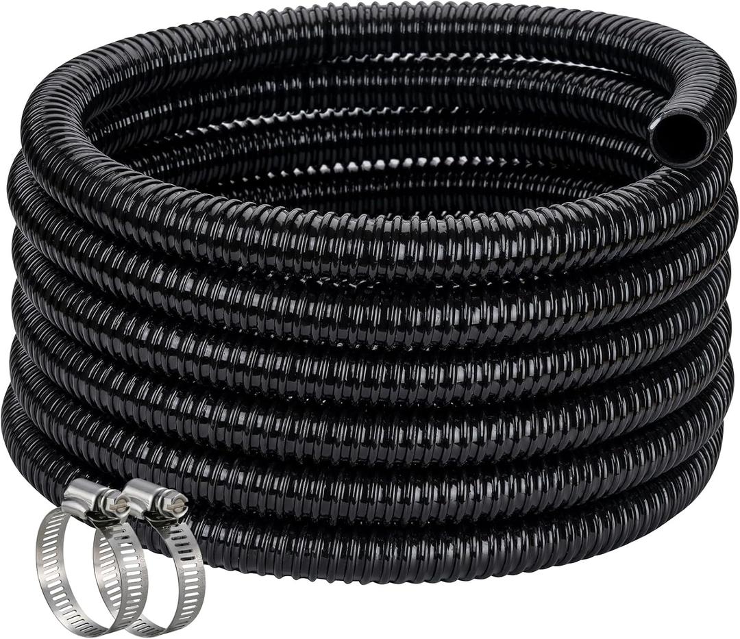 Pond Hose 1-1/2"ID × 50ft Black Corrugated Flexible Pump Tubing & 2 Clamps