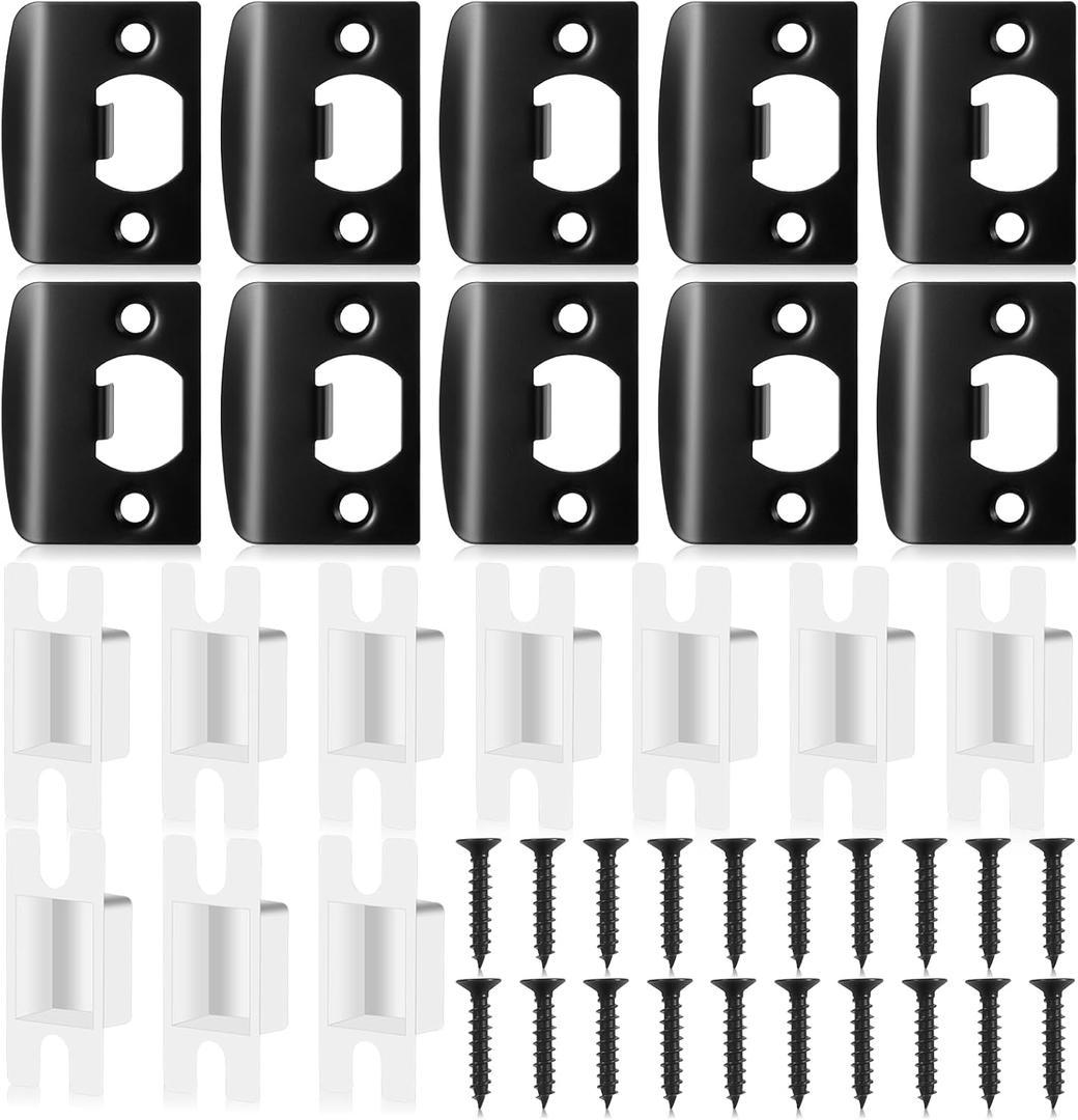 10 Pcs Door Strike Plate, Black Stainless Steel Door Lock Strike Plate Standard Doors Latch Restorer Reinforcement Kit Includes Buckle Box and Screws for Home, Office (2.3 x 1.8 Inch)