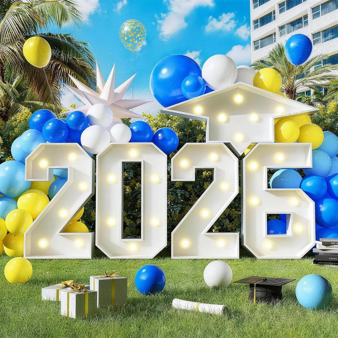 2026 Light Up Numbers Marquee 3FT for Graduation Decorations with Graduation Cap, White Big Mosaic Number with Lights 2026 Cardboard Pre-Cut Frame for Class of 2026 High School College Grad Party