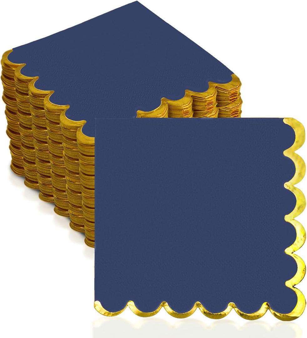 200 Pack Navy Blue and Gold Paper Napkins Scalloped Cocktail Napkins Blue Disposable Beverage Napkins for Birthday Baby Shower Wedding Party Supplies Dinnerware Tableware Decorations
