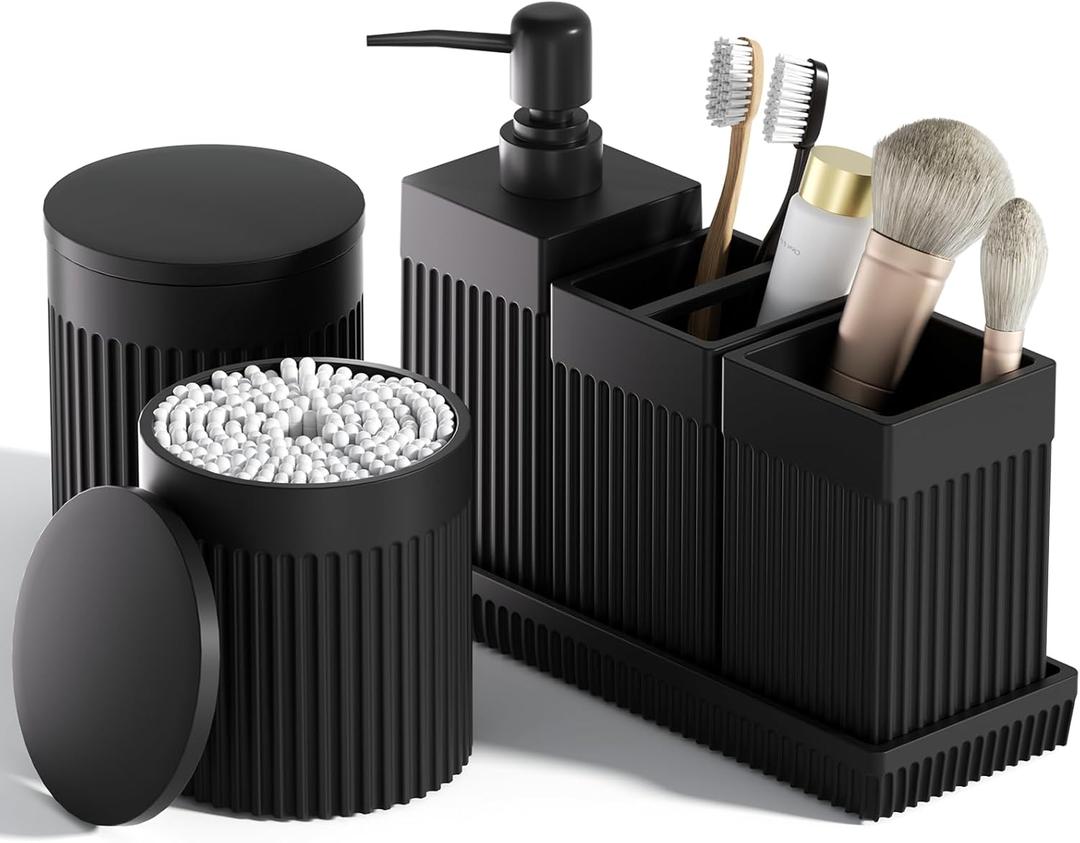 6-Piece Black Bathroom Set - Sleek Resin Organizer with Soap Dispenser, Toothbrush Holder, Vanity Tray, Tumbler & Apothecary Jars for Small Spaces