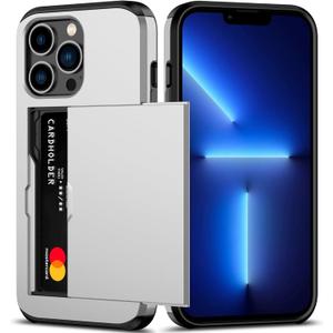 Nvollnoe for iPhone 13 Pro Case with Card Holder Heavy Duty Protective Dual Layer Shockproof Hidden Card Slot Slim Wallet Case for iPhone 13 Pro for Men&Women(Silver)