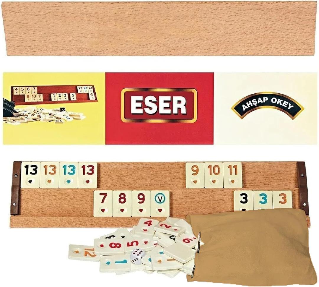 Hakan Turkish Okey Game Rummy Cube Game Rummy Cube Set with 4 Straight Wooden Racks Tile Holder and 106 Melamine Tiles Stones in Pouch, 13" x 3.15" x 2.36"