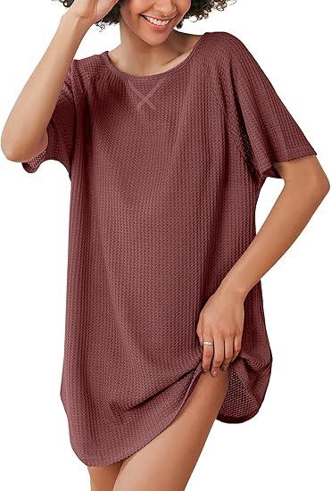 Ekouaer Women's T-Shirt Nightgown Waffle Knit Short Sleeve Sleepshirts Comfy Casual Cover Ups, Size: L