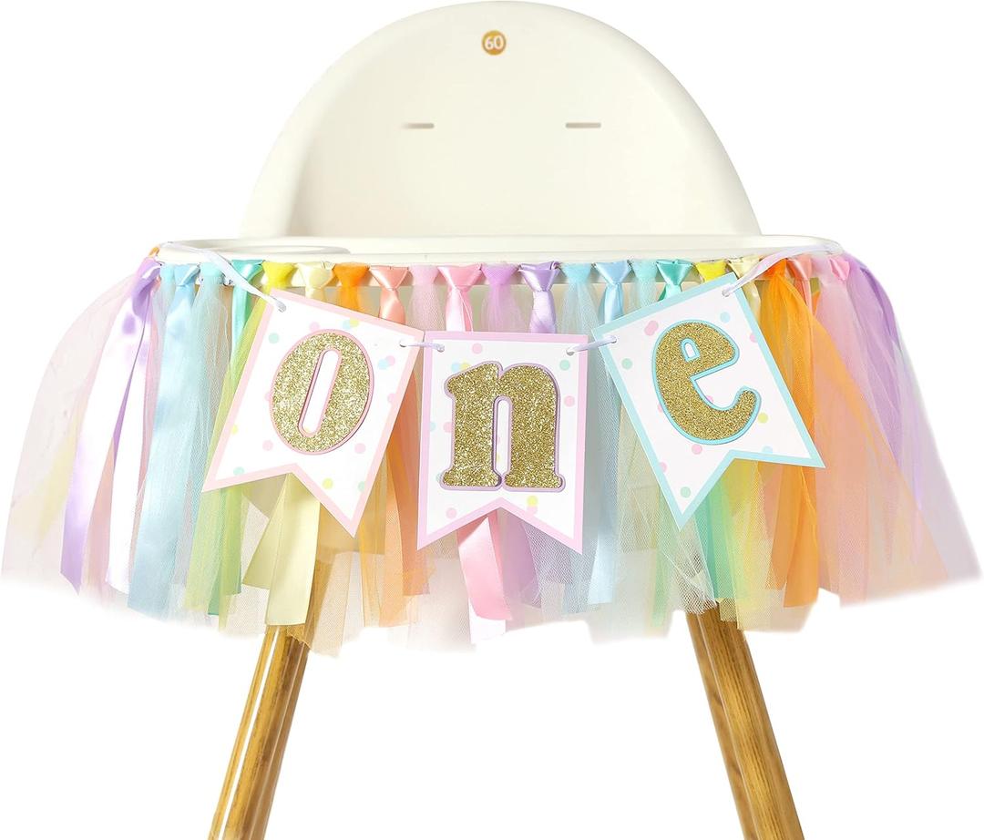 Rainbow Birthday High Chair Banner - Girl 1st Highchair Banner, First Tutu Banners, Ice Cream Birthday Party Decorations, Girls Party Supplies (Rainbow Garland One)