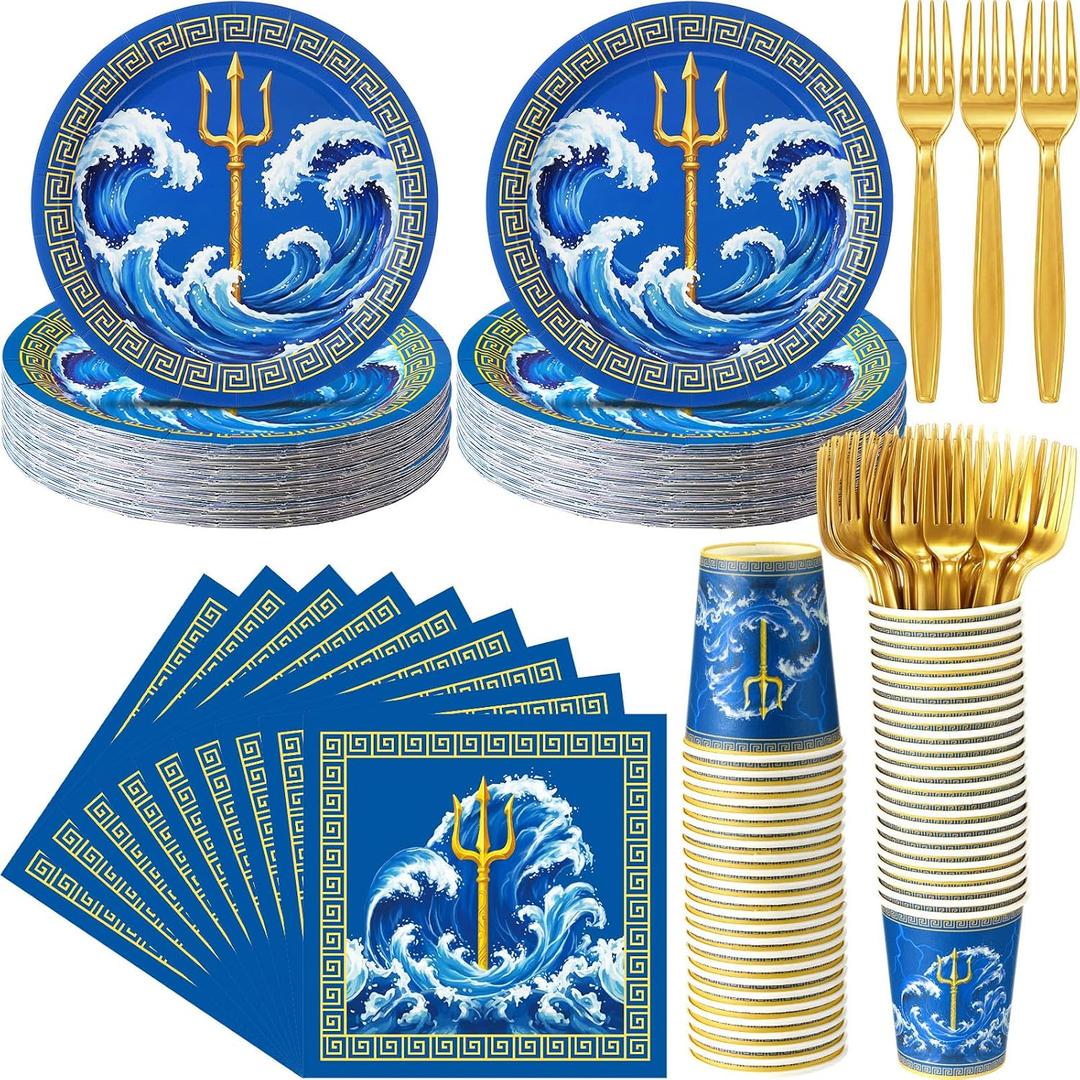 Yungyan 96 Pcs Greek Mythology Party Supplies for 24 Guests Ancient Greek Poseidon Inspired Plates, Cups, Napkins, Forks Bulk Tableware Set for Greece Mythology Birthday Holiday