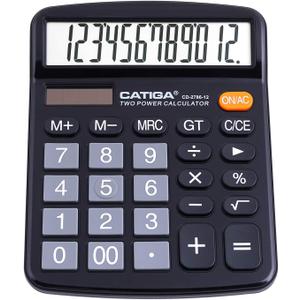 CATIGA 12 Digits Desktop Calculator with Large LCD Display and Sensitive Button, Dual Solar Power and Battery, Standard Function for Office, Home, School, CD-2786 (Black)