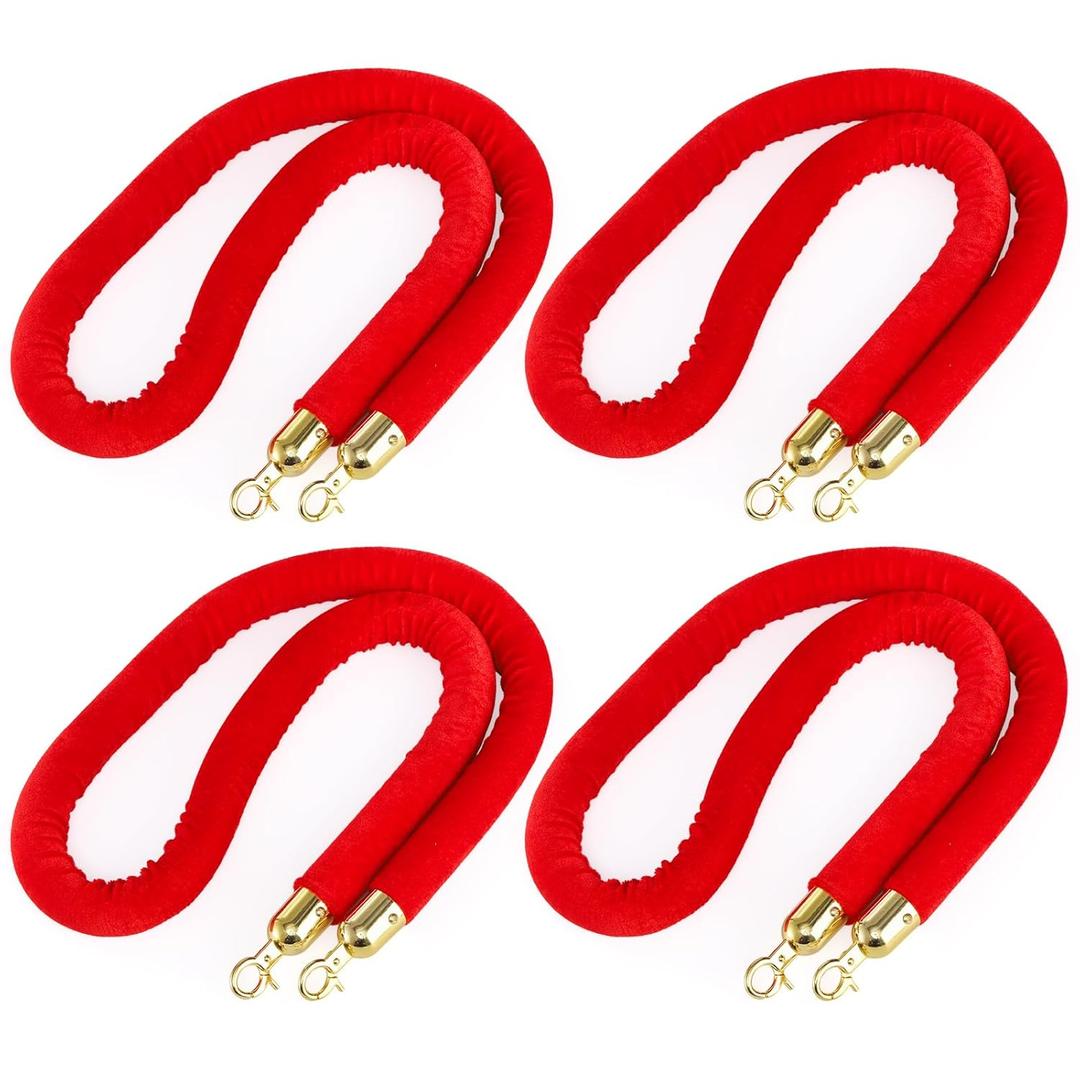 Okllen 4 Pack Red Velvet Stanchion Rope, 5 Feet Crowd Control Ropes Safety Barriers with Polished Gold Hooks for Movie Theater, Queue Barrier, Grand Openings, Hotel Celebration, Carpet Event