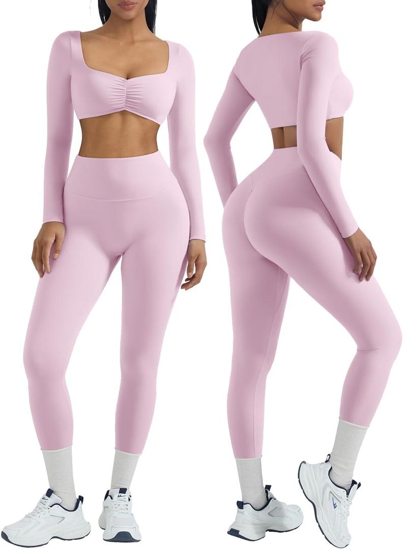 OMKAGI 2 Piece Workout Sets for Women Long Sleeve Padded Sports Bra High Waisted Gym Outfits with Pocket (Small, 441-Pink)