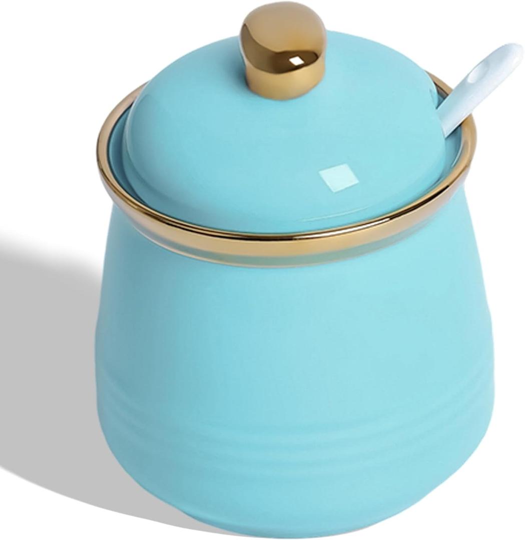 12oz Sugar Bowl with Lid and Spoon,Simple Ceramic Sugar Jar Sugar Container Sugar Dispenser Coffee Bar Accessories, Modern Kitchen Countertop Canisters, Turquoise