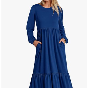 ANRABESS Long Sleeve Midi Dresses for Women Casual 2026 Spring Crewneck A Line Tiered Flowy Loose Trendy Dresses with Pockets Size L