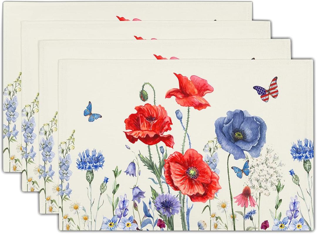 4th of July Placemats Set of 4 Red Blue Floral Patriotic Washable Non-Slip Heat Resistant Place Mats America Memorial Day Independence Day Table Mats 12x18 Inch