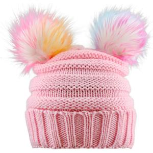 ACTLATI Kids Winter Knitted Beanie Hat Colorful Pompom Ears Ski Hat for Boy Girl(Ages 7-12) (Double Pom - Pink(knit Lined))