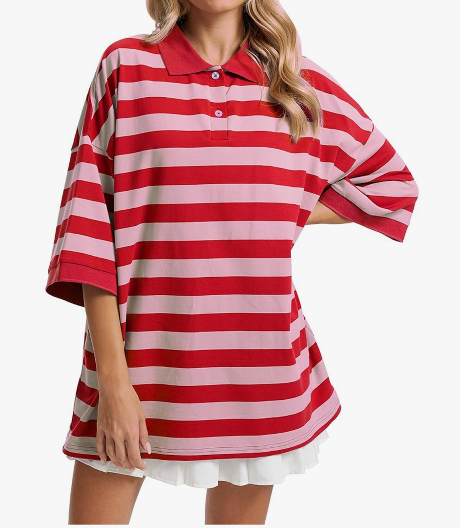 Womens Striped Polo T-Shirts Oversized Short Sleeve Top Cotton Color Block Loose Basic Tee Casual Tunics Summer Spring Tops, Size M