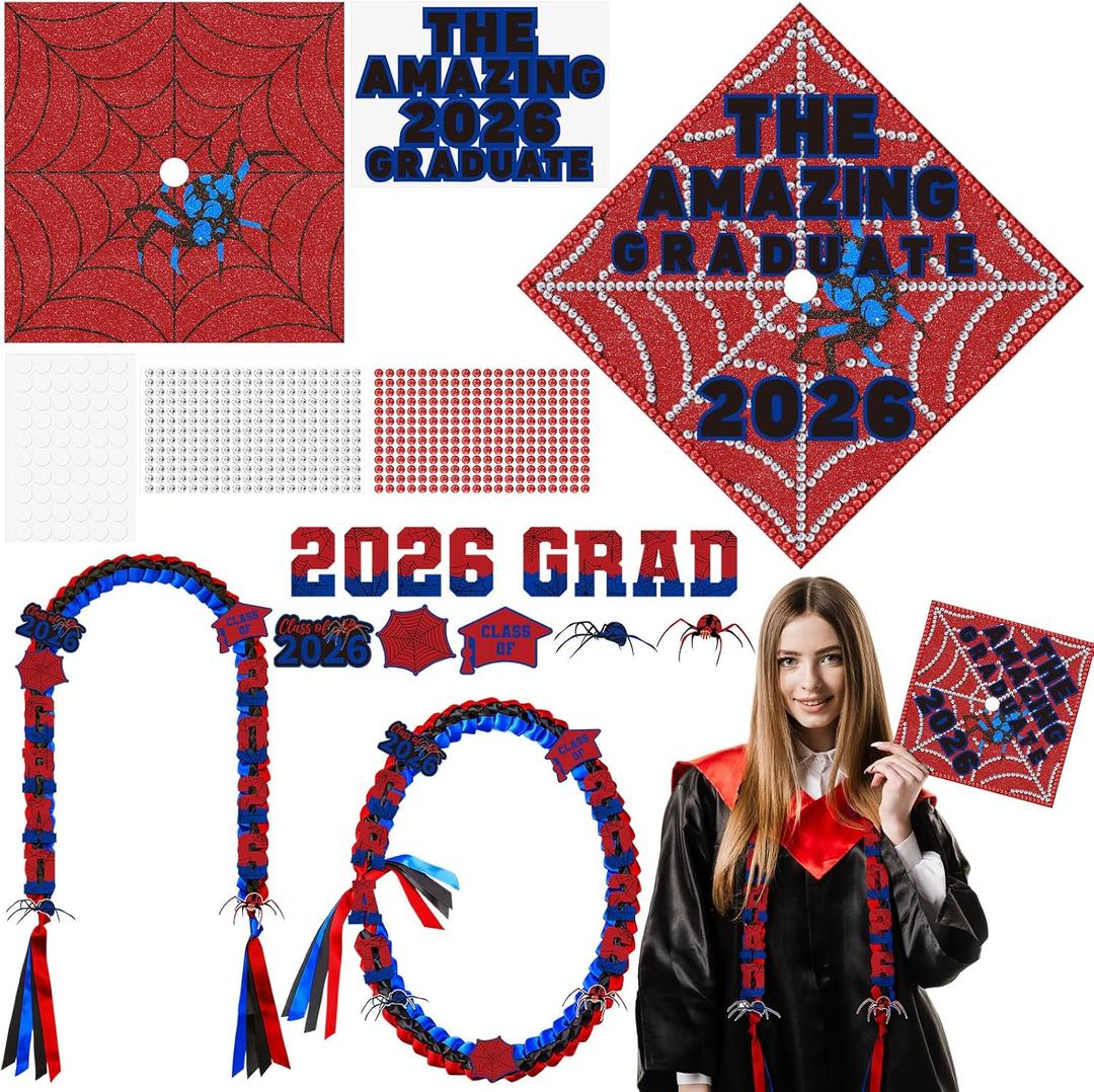 Dunzoom 48 Pcs Spider DIY Graduation Ribbon Lei and Cap Decoration Kit 62.2'' Double Braided Money Lei Glitter Grad Cap Topper Sticker Accessories for DIY Class of 2026 Party Supplies