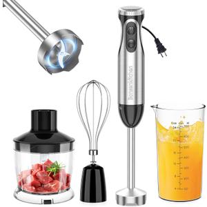 Bonsenkitchen Immersion Blender Handheld with Food Processor, 20 Speeds Hand Blender with Turbo Mode, Stainless Steel Blade, Egg Whisk, Beaker & Chopper Bowl, Hand Mixer for Smoothie, Soup, Baby Food