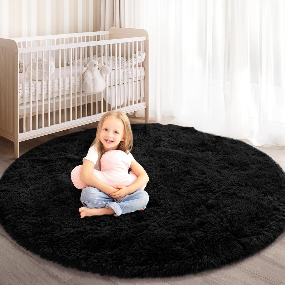 Round Rug for Bedroom, 4x4 Fluffy Soft Circle Area Rugs for Kids Girls Nursery Room, Washable Plush Shaggy Indoor Floor Bedside Living Room Circular Carpet, Home Decor Aesthetic, Black
