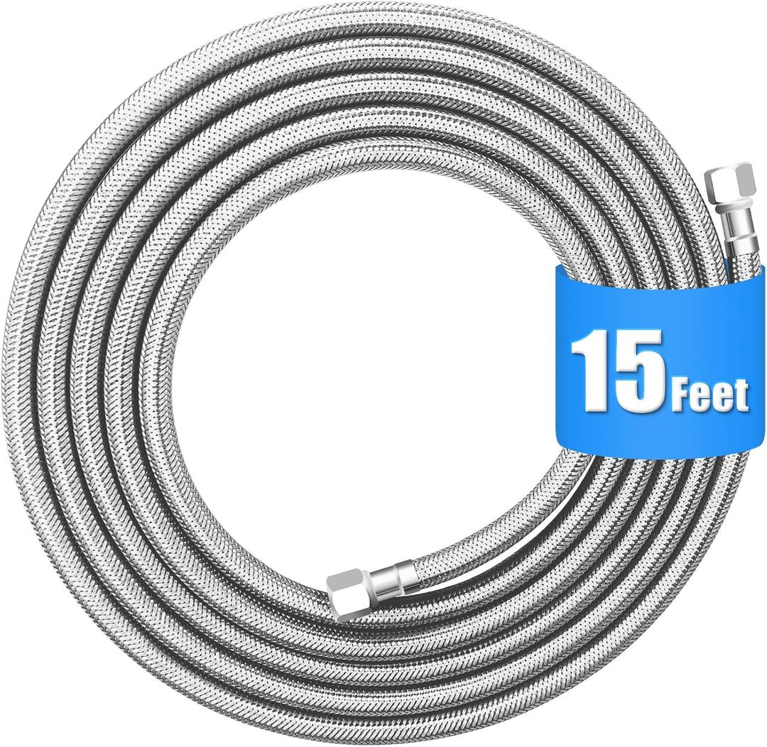 Refrigerator water line - 15 FT Premium Stainless Steel Braided Ice Maker Water Hose,Food grade PEX Inner Tube Fridge Water Line with 1/4" Fittings for Refrigerator Ice Maker