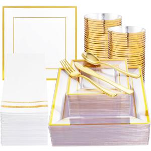 Festiva 350Pcs Clear Plastic Plates with Gold rim - Clear Gold Disposable Dinnerware for 50 Guests includeSquare Plastic Plates/Cups/Cutlery/Napkins Perfect for Birthday Party&Wedding