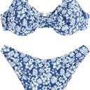 ZAFUL Women's Twist Front Bikini Sets Underwire Tie Back Bikini High Waisted Two Piece Swimsuit (1-floral Navy Blue) S