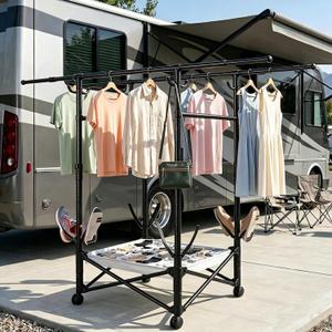Rolling Clothes Rack No Assembly Foldable Double Rod Garment Rack 33-56.7in Extendable Carbon Steel Clothes Rack with Wheels & Shoe Shelf Portable Laundry Drying Rack for Apartment RV Balcony