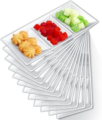 Ziliny 3 Section Serving Tray Bulk Serving Dish Compartment Appetizer Tray Plastic Dessert Platter Rectangular Divided Bowls Disposable Plate for Snack Desserts Fruit, 15 x 7 in (Clear,20 Pcs)