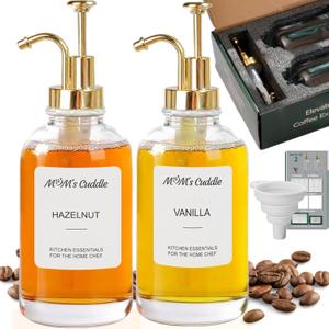 Coffee Syrup Dispenser 16.9 Oz (500ml) - Glass Syrup Dispenser for Coffee Bars with Golden Pump, 20 Labels & Silicone Funnel, Premium Quality Glass Bottles - Pack of 2