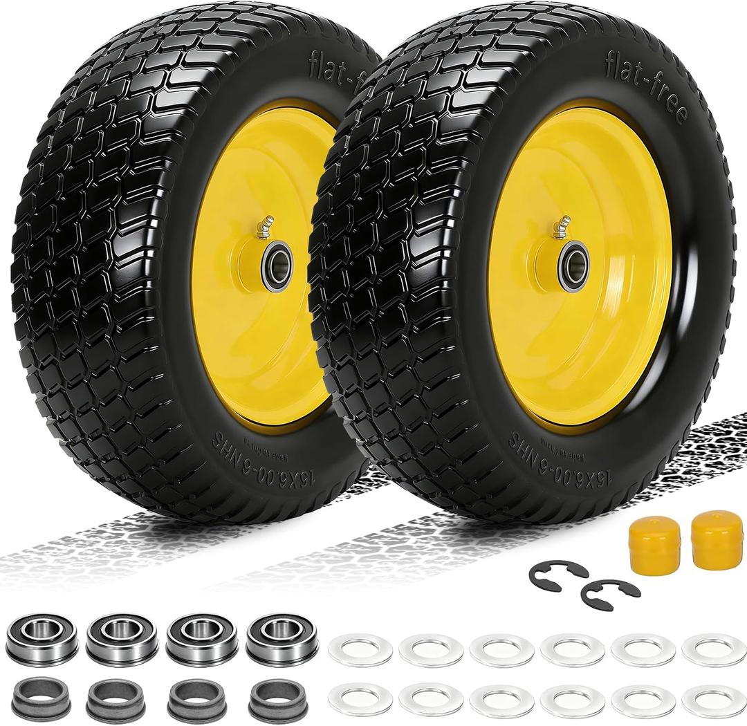 2 Pack 15x6.00-6 Flat Free Lawn Mower Tire and Wheel, 15" Solid Front Tires with 3" Centered Hub, 3/4" & 5/8" Bearings and 1" Bushings, Compatible with John Deere Husqvarna Riding Mowers Lawn Tractors