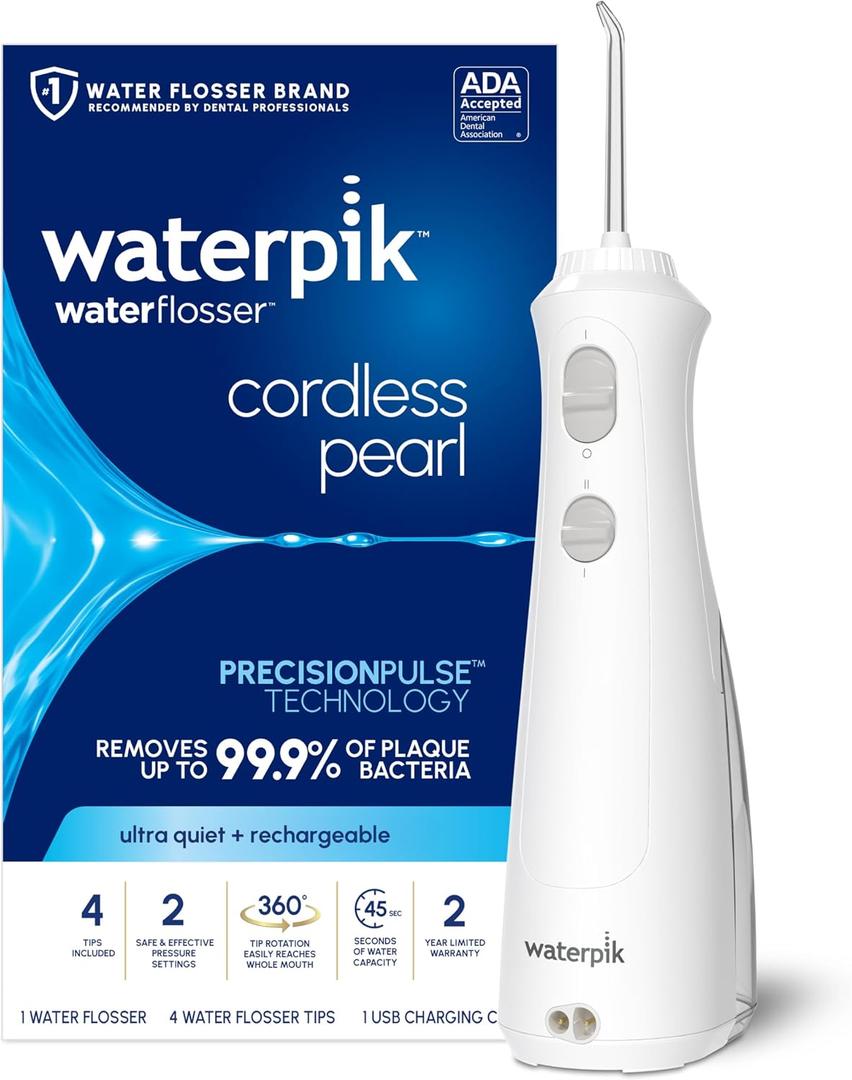 Waterpik Cordless Pearl Rechargeable Portable Water Flosser for Teeth, Gums, Braces Care and Travel, Extra Quiet, 4 Flossing Tips - ADA Accepted, WF-13 White