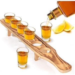 Shot Glass Holder Tray Bulk Set - Pine Wood Shot Board & 6 Pc Shot Glasses Set for Serving Drinks - Rustic Boho Decor - Tequila Glasses with Wooden Tray for Restaurant, Bar, Party (Rustic Burnt Deluxe)