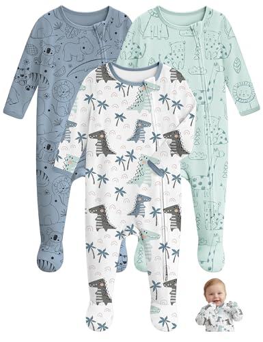 Unnivoll Baby Pajamas 100% Cotton Baby Sleepers for 3-6 Months 3Pcs Footie Pajamas Baby Boys Girls Clothes, Soft Infant Footed PJs with Mitten Cuffs, Two Way Zipper, Long Sleeve