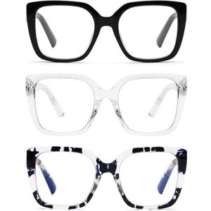 DOOViC 3 Pack Oversized Reading Glasses for Women Blue Light Blocking Square Stylish Computer Readers (3 Colors-s2)