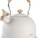 Tea Kettle, BELANKO 85 OZ / 2.5 Liter Whistling Tea Kettle Pots for Stove Top Food Grade Stainless Steel with Wood Pattern Folding Handle, Loud Whistle for Tea, Coffee, Milk - Milk White