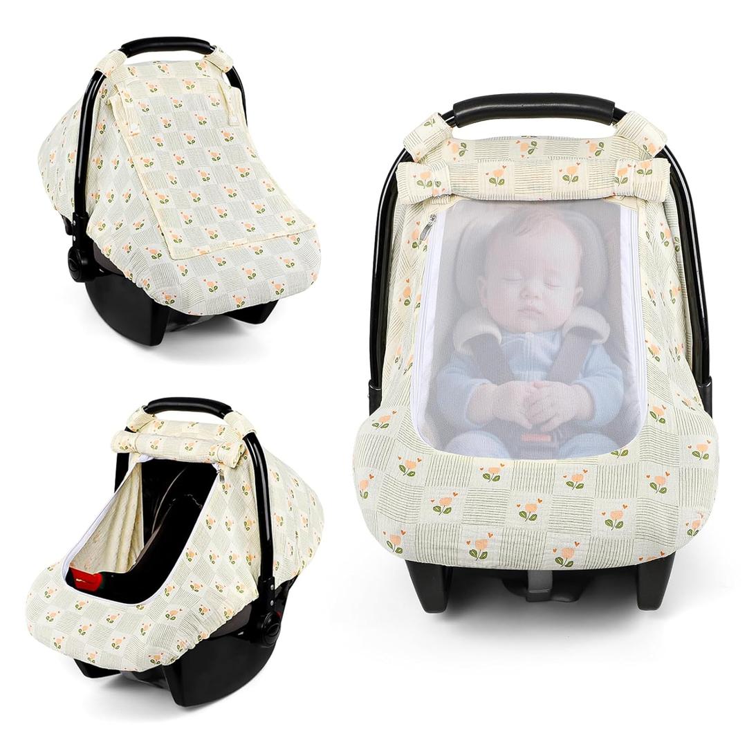 Car Seat Cover Baby, HNHUAMING Muslin Cotton Carseat Covers for Babies Girls Boys Summer Infant Car Seat Covers Canopy, Cozy Newborn Carseat Covers Stroller Cover with Breathable Mesh Window, Floral