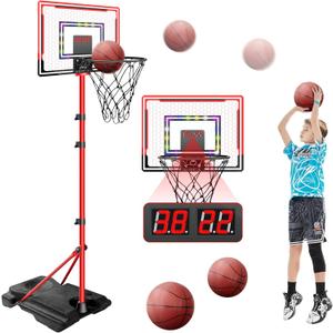 Upgrade Basketball Hoop for Kids with Stand, Adjustable Height 3.5ft to 6.2ft Basketball Hoop with Electronic Scoreboard LED Lights, Indoor Outdoor Backyard Sport Game Gifts Toys for 3 4 5 6 7 8