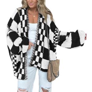 BTFBM Casual Cardigan Sweater for Women Fall 2026 Long Sleeve Open Front Chunky Knit Sweaters Checkered Outwear Coat (Medium, Black)