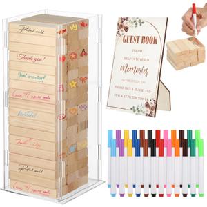 80 Pcs Wedding Guest Book Alternative, Wooden Blocks for Sign in, Includes Transparent Display Case, Colorful Pens & Rustic Wooden Sign, Ideal for Wedding Receptions & Bridal Shower Guest Signing