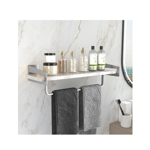 Marble Bathroom Wall Shelf with Towel Bar,16" Marble Slab and Metal Bracket,Floating Shelf for Bedroom,Kitchen, Living Room(Silver)