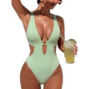 Women Sexy High Cut Cheeky One Piece Swimsuits Monokini Plunge V Neck Cutout Bathing Suit Beach Pool Party Rave Outfits Size 4-6