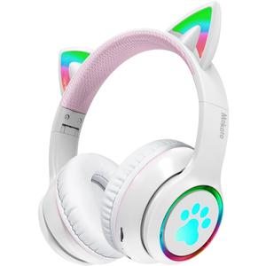 Gaming Bluetooth 5.0 Wireless Headphones Over Ear Cat Led Light Foldable Music Headset with Aux 3.5mm Microphone (Built-in) for Adult & Kids PC TV Game Music Pad Laptop Cellphone White