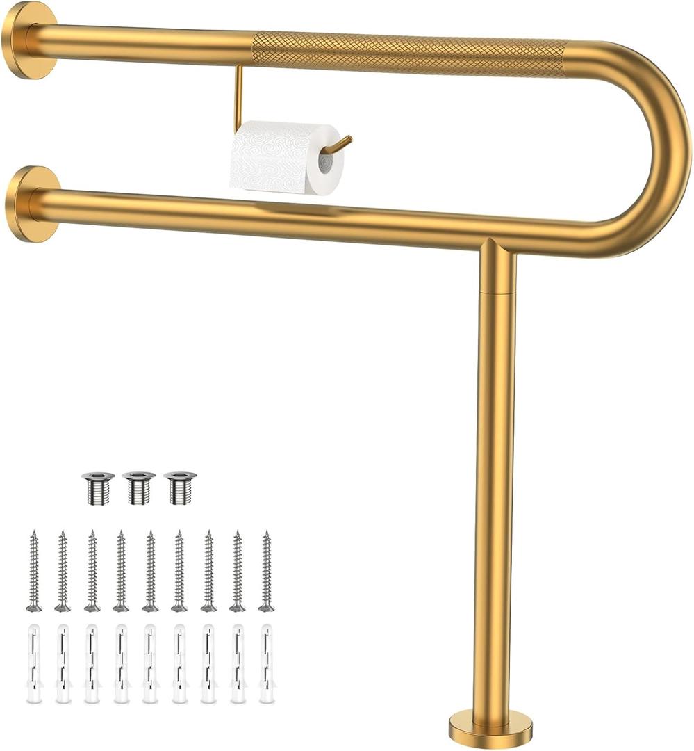 ZUEXT 31.5 Inch Gold Wall to Floor Knurled Toilet Grab Bar w/Paper Holder